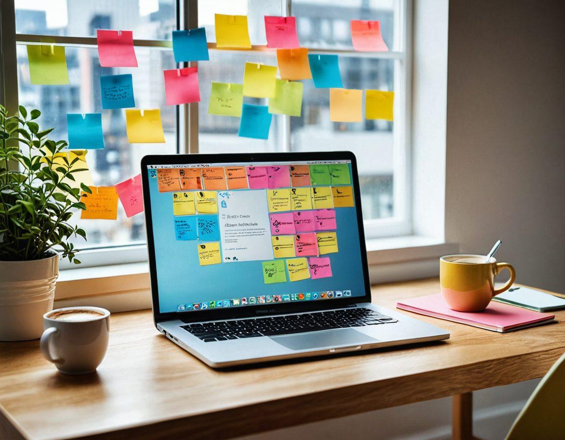 An open laptop on a stylish desk surrounded by colorful sticky notes with engagement strategies written on them, a vibrant coffee cup steaming beside it, social media icons floating above, and a window showing a bright, sunny day outside. The atmosphere is lively and inspiring, embodying creativity and digital networking. super-realistic. vibrant colors. white background.
