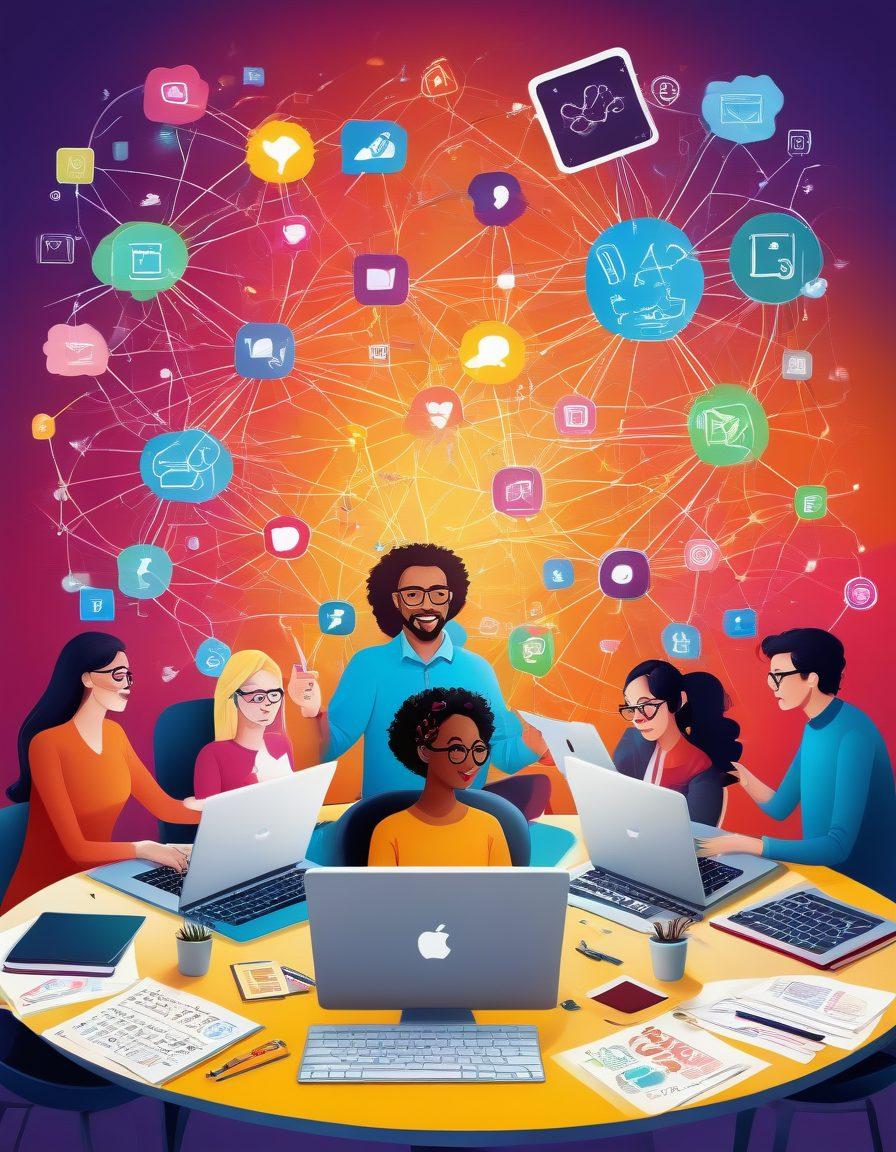 A vibrant illustration showcasing a diverse group of content creators collaborating to build a successful blog network. Include elements like laptops, social media icons, and brainstorming notes floating around them. The background should feature a colorful digital landscape symbolizing connections and growth. Emphasize camaraderie and innovation among the creators. vibrant colors. digital art. whimsical style.