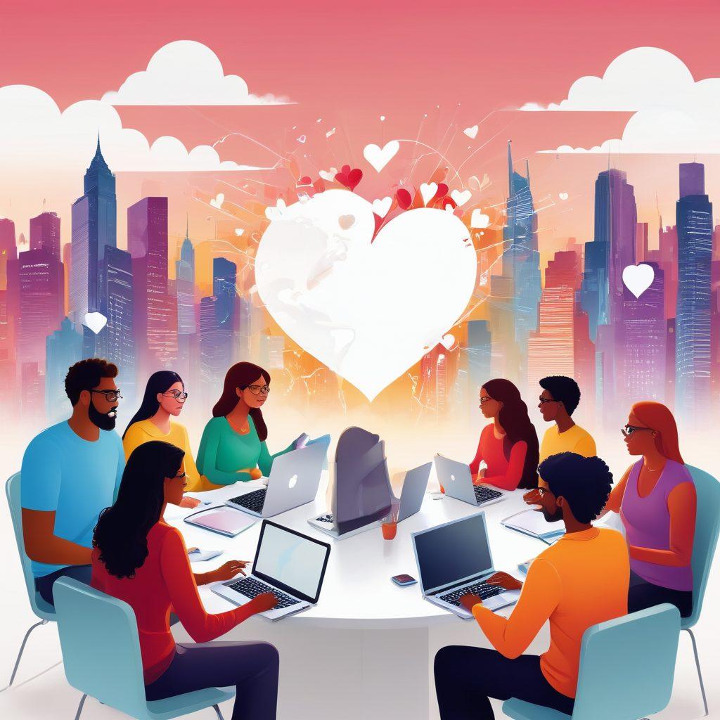 A vibrant illustration of diverse people connecting through a digital web, symbolizing social engagement and collaboration. Include laptops and smartphones displaying social media icons with hearts and comments floating around them. The background should depict a radiant cityscape to represent a globally renowned network. Use bright colors to emphasize energy and connection. vector art. vibrant colors. white background.